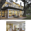 In San Antonio, a historic two-story home surrounded by trees blends modern comfort and preservation as featured in "Old Places, New Spaces" by Schiffer Publishing, Ltd., showcasing open dining with a wooden table and cozy atmosphere.
