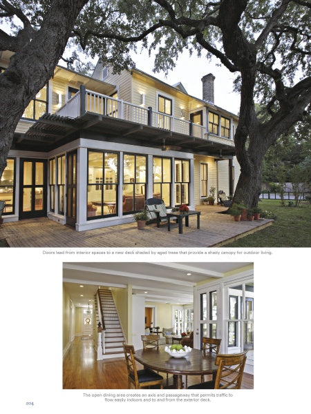 In San Antonio, a historic two-story home surrounded by trees blends modern comfort and preservation as featured in "Old Places, New Spaces" by Schiffer Publishing, Ltd., showcasing open dining with a wooden table and cozy atmosphere.