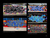 A collage from "100 UK Graffiti Artists" by Schiffer Publishing, Ltd. features five vibrant murals with stylized lettering and urban scenes, captioned with London and Berlin locations from 2011 and 2013.