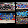 A collage from "100 UK Graffiti Artists" by Schiffer Publishing, Ltd. features five vibrant murals with stylized lettering and urban scenes, captioned with London and Berlin locations from 2011 and 2013.