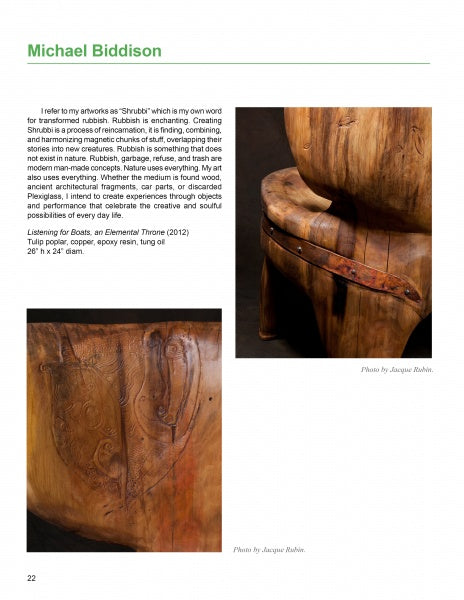 A magazine page features Schiffer Publishing, Ltd.’s product "Poplar Culture" by Michael Biddison, with close-up photos of his poplar wood art and text detailing the artist’s process, inspiration, and the texture of his sculptures.