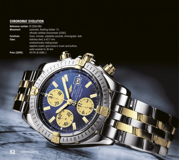 A "Breitling Highlights" book by Schiffer Publishing, Ltd. is displayed on a reflective surface with its specs listed beside it, showcasing an impressive example of watch literature.
