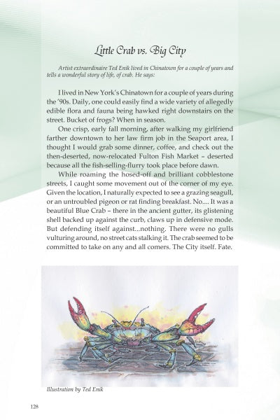 A page from Schiffer Publishing, Ltd.'s "Animals Impacting the World" shows two crabs meeting on a lively city street and features text about life in NYC's Chinatown, with an illustration by Ted Enik.
