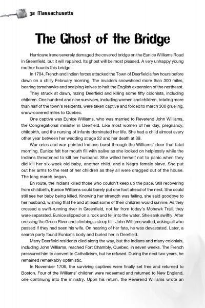 A page in Campfire Tales New England by Schiffer Publishing, Ltd. explores the Eunice Williams Bridge’s tragic history and ghostly legends, making it a standout among haunted and classic New England stories.