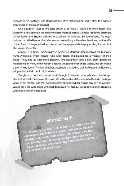 A page from Campfire Tales New England by Schiffer Publishing, Ltd. shares Eunice Williams’s 1704 captivity story, with an AUTHOR’S NOTE on the Deerfield raid’s significance in haunted New England legends and chilling campfire stories.