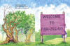 A whimsical illustration for "Don't Be a Schwoe: Fitness" by Schiffer Publishing, Ltd.—twisted trees with kids climbing on the left and Franklin the Schwoe peeking from behind a sign reading WELCOME TO PAR-ZEE-NO, HOME OF THE MYSTERIOUS OCHWEE.