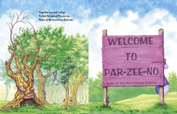 A whimsical illustration for "Don't Be a Schwoe: Fitness" by Schiffer Publishing, Ltd.—twisted trees with kids climbing on the left and Franklin the Schwoe peeking from behind a sign reading WELCOME TO PAR-ZEE-NO, HOME OF THE MYSTERIOUS OCHWEE.
