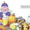 A purple hippo munches on treats—ice cream, fruit, cheese, pumpkins, juice, cookies—while a cake, muffins, and soup sit nearby in a scene from Don't Be a Schwoe: Fitness by Schiffer Publishing, Ltd.