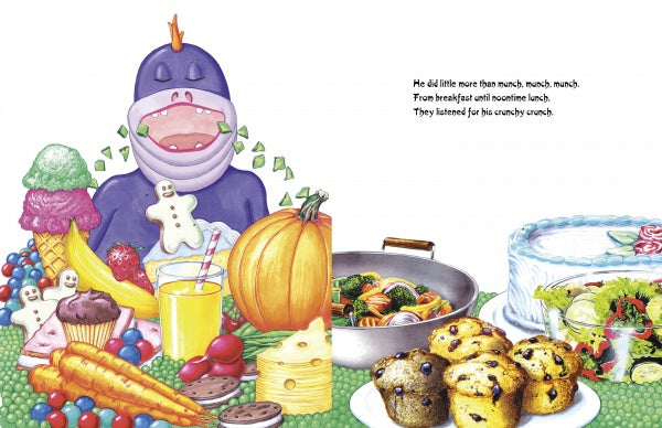 A purple hippo munches on treats—ice cream, fruit, cheese, pumpkins, juice, cookies—while a cake, muffins, and soup sit nearby in a scene from Don't Be a Schwoe: Fitness by Schiffer Publishing, Ltd.