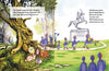 A group of blue, bird-like Schwoes from “Don’t Be a Schwoe: Fitness” by Schiffer Publishing, Ltd. walk past a tree and a YEA! FRANKLIN statue in a park as healthy habits text appears in the sky and grass. Some carry a boat.