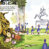 A group of blue, bird-like Schwoes from “Don’t Be a Schwoe: Fitness” by Schiffer Publishing, Ltd. walk past a tree and a YEA! FRANKLIN statue in a park as healthy habits text appears in the sky and grass. Some carry a boat.