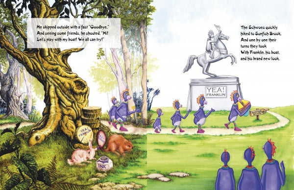 A group of blue, bird-like Schwoes from “Don’t Be a Schwoe: Fitness” by Schiffer Publishing, Ltd. walk past a tree and a YEA! FRANKLIN statue in a park as healthy habits text appears in the sky and grass. Some carry a boat.