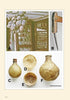 A collage from "Bone, Ivory, and Horn" by Schiffer Publishing, Ltd.: bunches of dried animal bladders, a sharp metal tool close-up, and four spherical and bowl-shaped dried bladders on a white background.