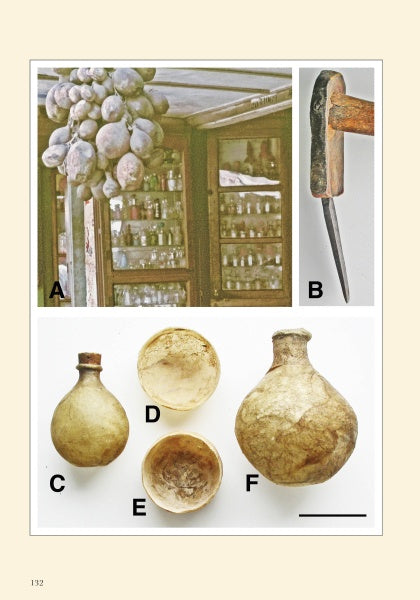 A collage from "Bone, Ivory, and Horn" by Schiffer Publishing, Ltd.: bunches of dried animal bladders, a sharp metal tool close-up, and four spherical and bowl-shaped dried bladders on a white background.