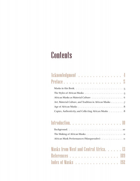 The table of contents for "Masks from West and Central Africa" (Schiffer Publishing, Ltd.) lists Acknowledgment, Preface, Introduction, sections on West/Central African masks, References, and an Index of traditional African masks with page numbers.