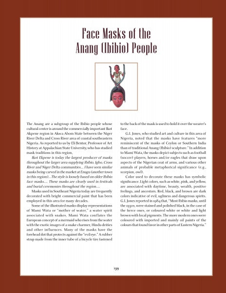 A page from Schiffer Publishing, Ltd.’s "Masks from West and Central Africa" shows a red and black traditional mask above text exploring the artistry and cultural meaning of Anang (Ibibio) masks.