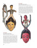 A page from "Masks from West and Central Africa" by Schiffer Publishing, Ltd. features two striking ceremonial masks: one with a figure holding a severed head, the other with a pink face and intertwined snakes, accompanied by detailed captions.
