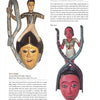 A page from "Masks from West and Central Africa" by Schiffer Publishing, Ltd. features two striking ceremonial masks: one with a figure holding a severed head, the other with a pink face and intertwined snakes, accompanied by detailed captions.