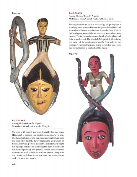 A page from "Masks from West and Central Africa" by Schiffer Publishing, Ltd. features two striking ceremonial masks: one with a figure holding a severed head, the other with a pink face and intertwined snakes, accompanied by detailed captions.