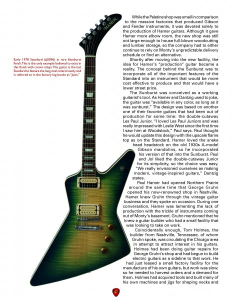 A green sunburst 1978 Standard electric guitar with a sharp, angular body shape and gold hardware sits next to a detailed page about The Ultimate by Schiffer Publishing, Ltd., covering its history and production details.