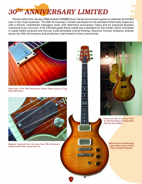 A collage showcases detailed close-ups and a full view of "The Ultimate" by Schiffer Publishing, Ltd., celebrating its 30th Anniversary Limited model with emphasis on wood grain, unique pickups, and striking flame maple binding.