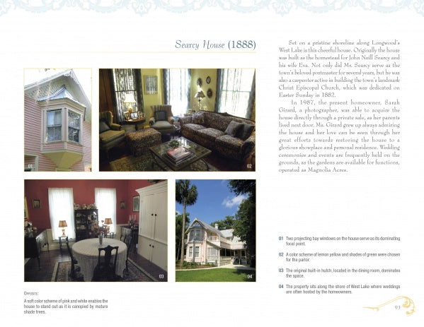 A page from Florida's Historic Victorian Homes by Schiffer Publishing, Ltd. displays the Searcy House (1888) with photos of its exterior, porch, parlor, and living room, along with text on its history and Victorian architecture.