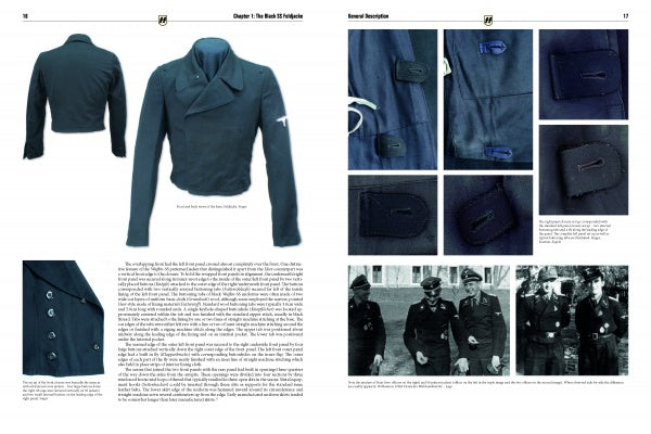 A Panzer Feldjacke book spread by Schiffer Publishing, Ltd. features photos of a dark military jacket, close-up details, black-and-white images of German armored forces uniforms, and descriptive text on Wehrmacht and Waffen-SS insignia across both pages.