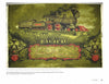 A vintage steam locomotive labeled "Pacific" and a "Union" passenger car traverse green terrain. Below, a decorative map of western railroad routes evokes the charm of Schiffer Publishing, Ltd.'s American Toile wallpaper.