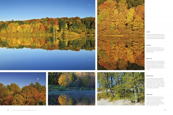 A collage from *Reserves of Strength: Pennsylvania's Natural Landscape* by Schiffer Publishing, Ltd. displays vibrant autumn trees reflected in a calm lake under a clear blue sky, with descriptive text on the right.
