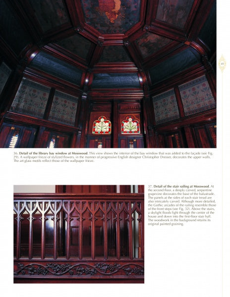 Shown above is Victorian Glory in San Francisco and the Bay Area by Schiffer Publishing, Ltd., featuring a dark wood-paneled library bay window with stained glass, and below, a close-up of a carved stair railing with gothic arches and ornate details.