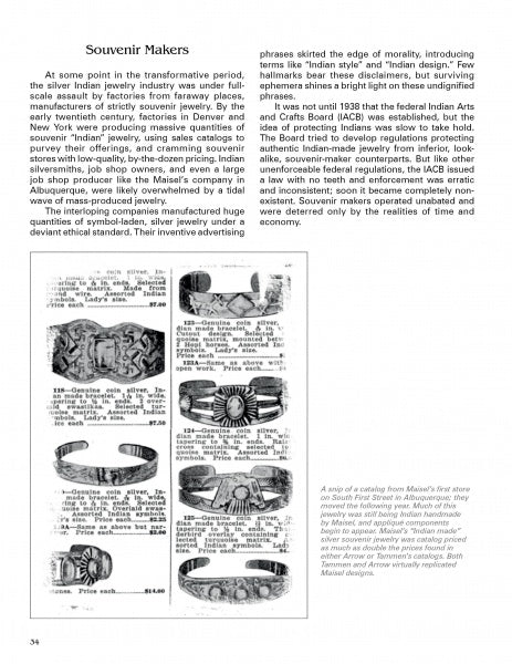 A magazine page spotlights Fred Harvey Jewelry by Schiffer Publishing, Ltd., showing two-column text on souvenir makers, six black-and-white ring and cuff images, and a captioned photo of a jewelry display case.