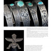 Five silver bracelets with turquoise stones and Native American motifs from Fred Harvey Jewelry by Schiffer Publishing are displayed upright above a Zuni Thunderbird symbol; text descriptions accompany the images on a white background.