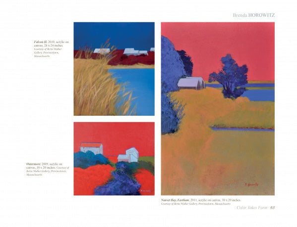 Contemporary Cape Cod Artists by Schiffer Publishing, Ltd. showcases four vibrant landscape paintings inspired by Cape Cod, with bold colors, simplified forms, and abstract influences depicting houses, fields, and water.