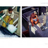 Two paintings from Schiffer Publishing, Ltd.’s Contemporary Cape Cod Artists: Left, a man in yellow overalls shovels ice on a boat. Right, a man in orange overalls sits thoughtfully on a dock, fishing gear nearby.