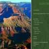 On the left, a vibrant Grand Canyon sunset scene; on the right, a green table of contents for the "Grand Canyon National Park" book by Schiffer Publishing, Ltd., listing sections and page numbers in a vintage postcard style.