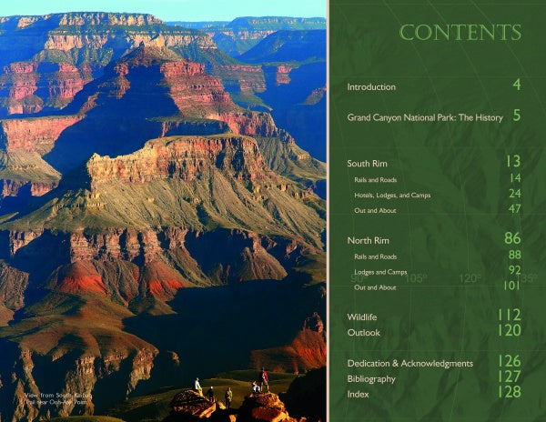 On the left, a vibrant Grand Canyon sunset scene; on the right, a green table of contents for the "Grand Canyon National Park" book by Schiffer Publishing, Ltd., listing sections and page numbers in a vintage postcard style.