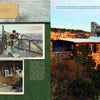 A two-page spread in "Grand Canyon National Park" by Schiffer Publishing, Ltd. features vintage photos, captions, and postcards of Lookout Studio on the left, and a sunset color photo of the stone studio overlooking the Grand Canyon on the right.