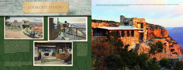 A two-page spread in "Grand Canyon National Park" by Schiffer Publishing, Ltd. features vintage photos, captions, and postcards of Lookout Studio on the left, and a sunset color photo of the stone studio overlooking the Grand Canyon on the right.