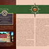 The Grand Canyon National Park brochure by Schiffer Publishing, Ltd. features informational plaques, a park entrance sign, Outlook sections, and a green banner with sun and canyon graphics inspired by vintage postcards.