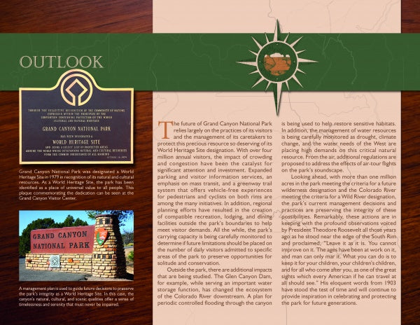The Grand Canyon National Park brochure by Schiffer Publishing, Ltd. features informational plaques, a park entrance sign, Outlook sections, and a green banner with sun and canyon graphics inspired by vintage postcards.