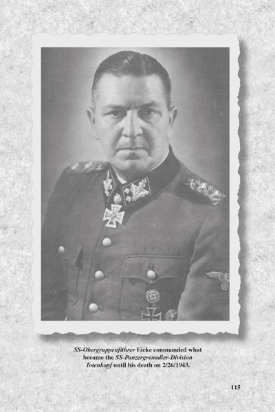 Black-and-white portrait of a stern man in decorated WWII Waffen-SS panzer uniform, with medals and insignia. Below is a caption and page 115 from "Panzer Divisions of the Waffen-SS" by Schiffer Publishing, Ltd.