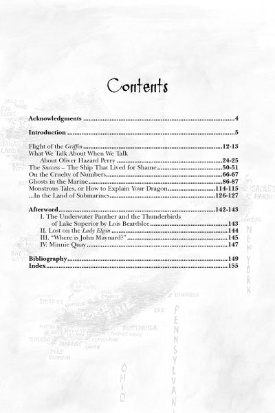 The table of contents in *Great Lakes Folklore* by Schiffer Publishing, Ltd. lists chapters like "Flight of the Griffin" and "The Secret—The Ship That Loved for Shame," exploring regional legends with corresponding page numbers.