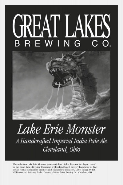 A black and white beer label for Schiffer Publishing, Ltd. features a sea monster from Great Lakes folklore. Text below reads: Great Lakes Folklore, Cleveland, Ohio.