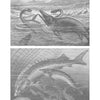 Two black-and-white vintage engravings from "Great Lakes Folklore" by Schiffer Publishing, Ltd. show a plesiosaur battling sea creatures above and two armored sturgeon near a fishing net below—evoking Lake Erie monster legends.
