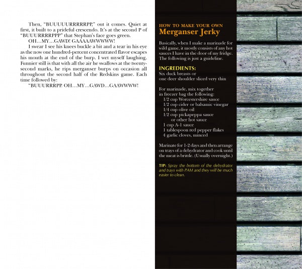 An open book, "My Life Pile" by Schiffer Publishing, Ltd., rests on a rustic wood plank. The left page shares a story; the right displays a recipe, "How to Make Your Own Merganser Jerky," perfect for hunting guides with outfitter secrets.