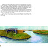 An illustrated scene from My Life Pile (Schiffer Publishing, Ltd.) depicts a duck blind in tall marsh grass by a winding blue stream under a white sky, with handwritten notes sharing duck hunting memories and tips. A small duck appears in the lower left.