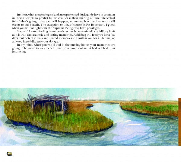 An illustrated scene from My Life Pile (Schiffer Publishing, Ltd.) depicts a duck blind in tall marsh grass by a winding blue stream under a white sky, with handwritten notes sharing duck hunting memories and tips. A small duck appears in the lower left.