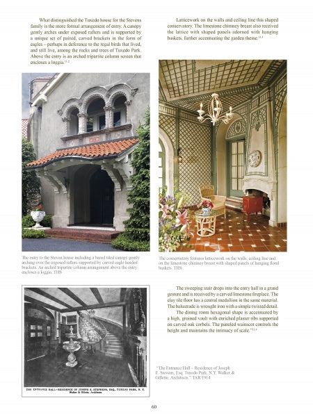 A page from Walker & Gillette, American Architects (Schiffer Publishing, Ltd.) features three images—an ornate arched entrance, a latticework period room, and a parlor with grand piano—highlighting 20th-century architecture amid surrounding text.