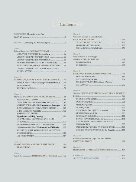 The table of contents from "Folk Art of Cape Cod and the Islands" by Schiffer Publishing, Ltd. lists chapters like Memories by the Sea, Faces of the Past, Whittled Decoys & Carved Birds, and Rugs, Quilts, Coverlets, with page numbers throughout.