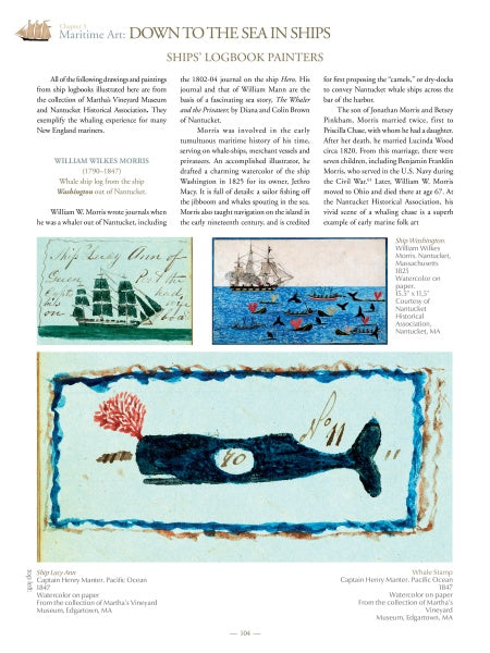 The page “DOWN TO THE SEA IN SHIPS: SHIPS LOGBOOK PAINTERS” features text and three nautical illustrations inspired by Cape Cod folk art, from Folk Art of Cape Cod and the Islands by Schiffer Publishing, Ltd.